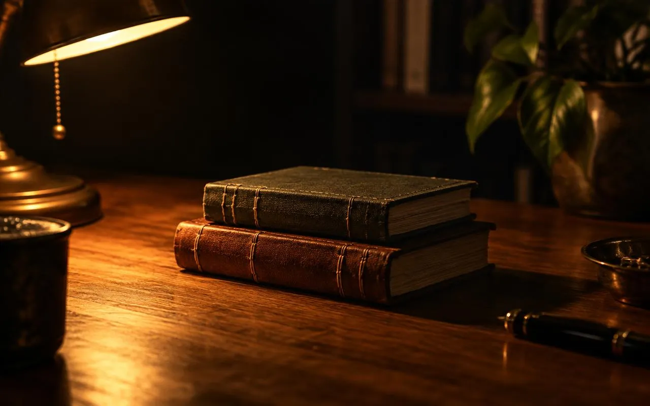 Two small hand-bound books on a wooden desk under lamp light