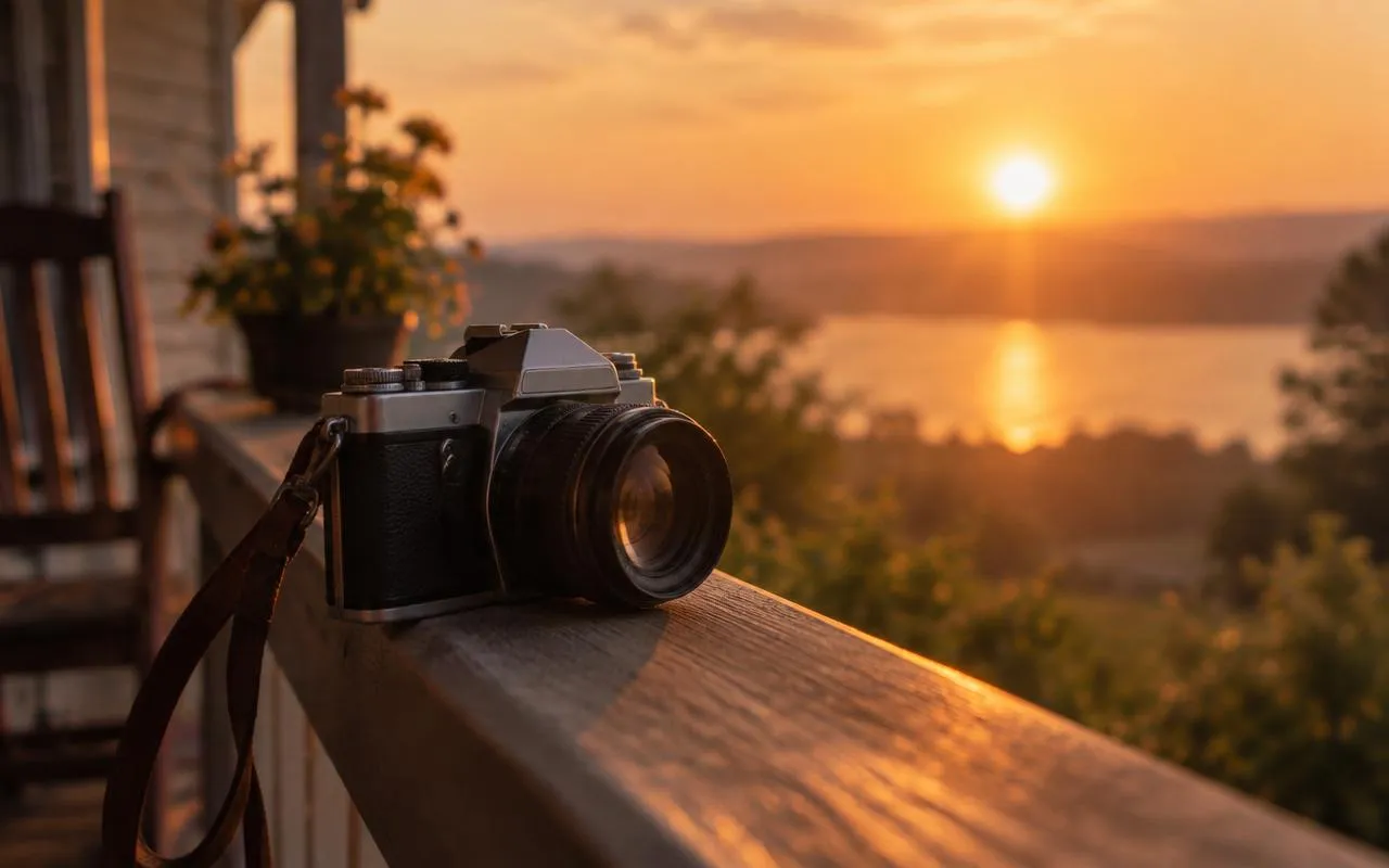 Vintage film camera on a porch rail at sunset