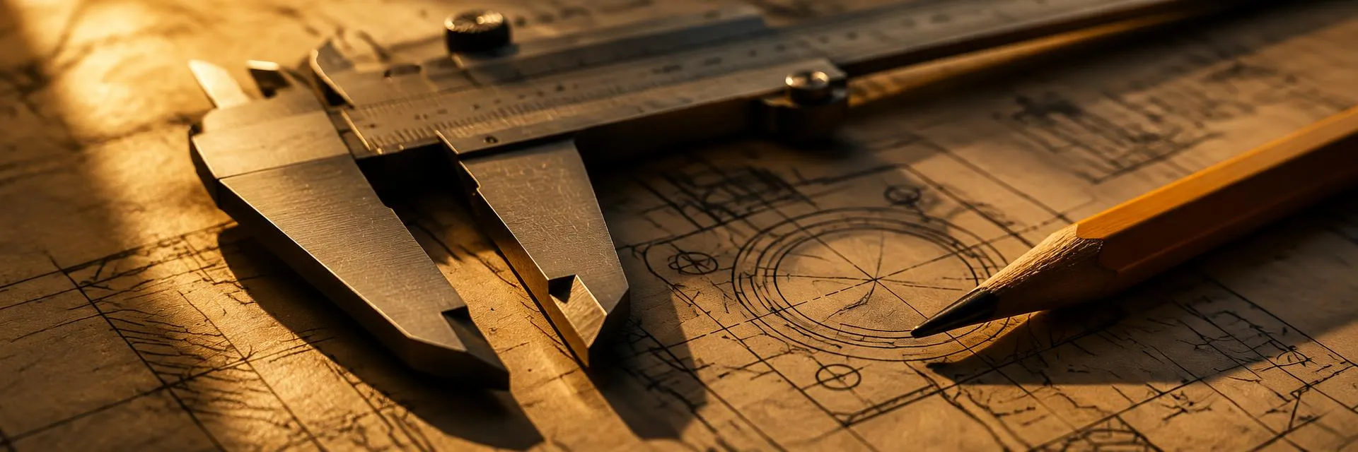 Machinist calipers and a pencil on a blueprint