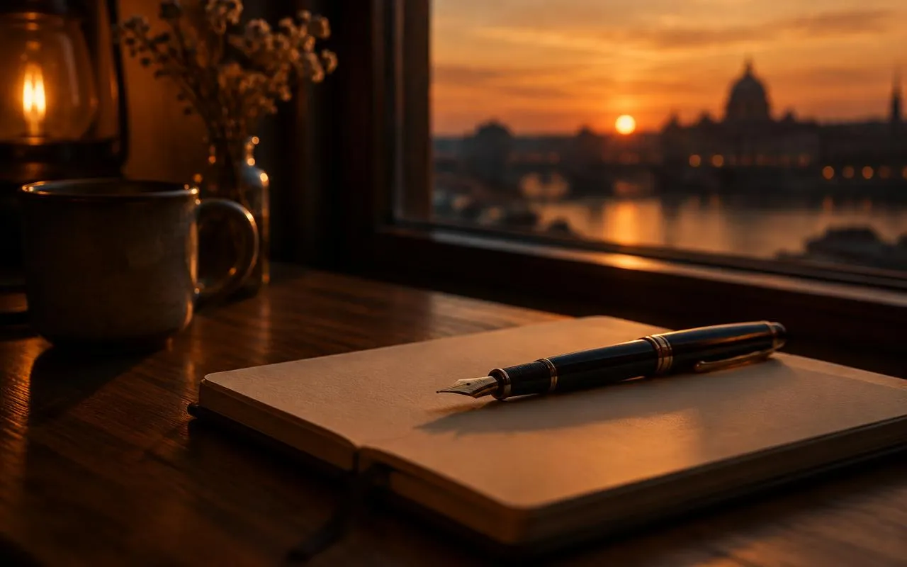 Fountain pen resting on a blank notebook by a window at dusk