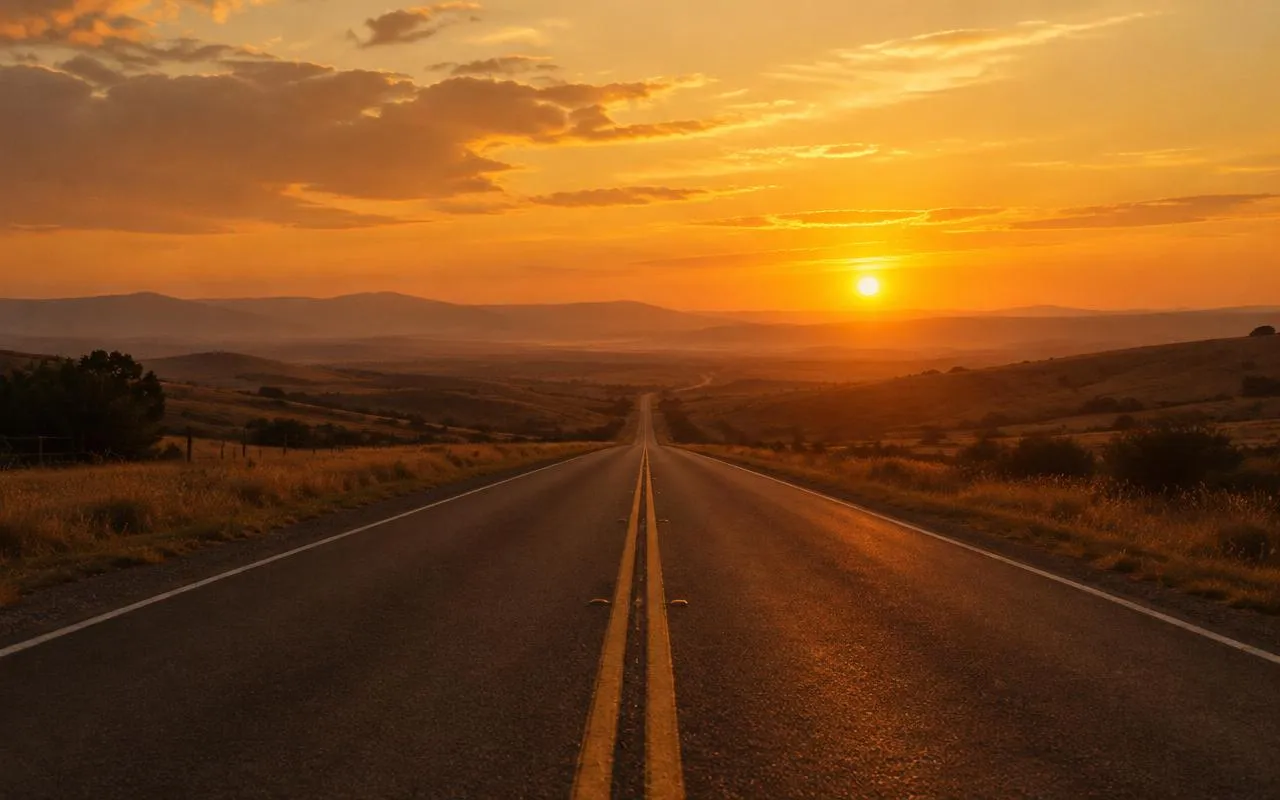 Empty two-lane road leading to the horizon at sunset