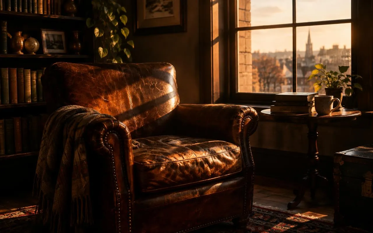 Worn leather armchair by a window in late afternoon light