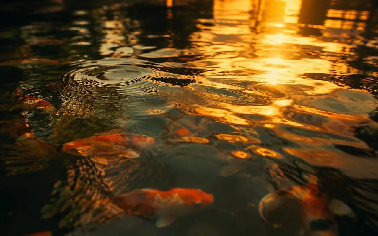 Koi pond surface with ripples and reflected sky